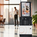 Een Rhea Vendors RhFS2.touch32EE8R4 vrijstaande koffieautomaat met een groot opvallend 32-inch touchscreen voor een uitgebreide keuze en interactieve bediening, opgesteld in de ontmoetingsruimte voor het bereiden van diverse koffiespecialiteiten met vers gebrande bonen. in kantooromgeving