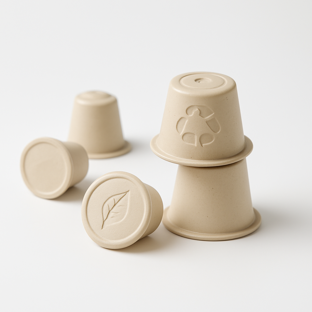 Duurzame biologisch afbreekbare koffiecups met recycle- en blad symbool op witte achtergrond"