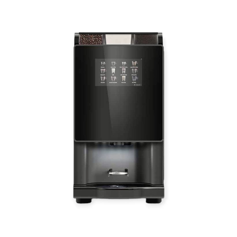 Een Rhea Vendors Romauno.touchE3R1 tafelmodel koffieautomaat met een touchscreen en compacte behuizing, opgesteld in de ontmoetingsruimte voor het snel bereiden van vers gebrande koffie. vooraanzicht
