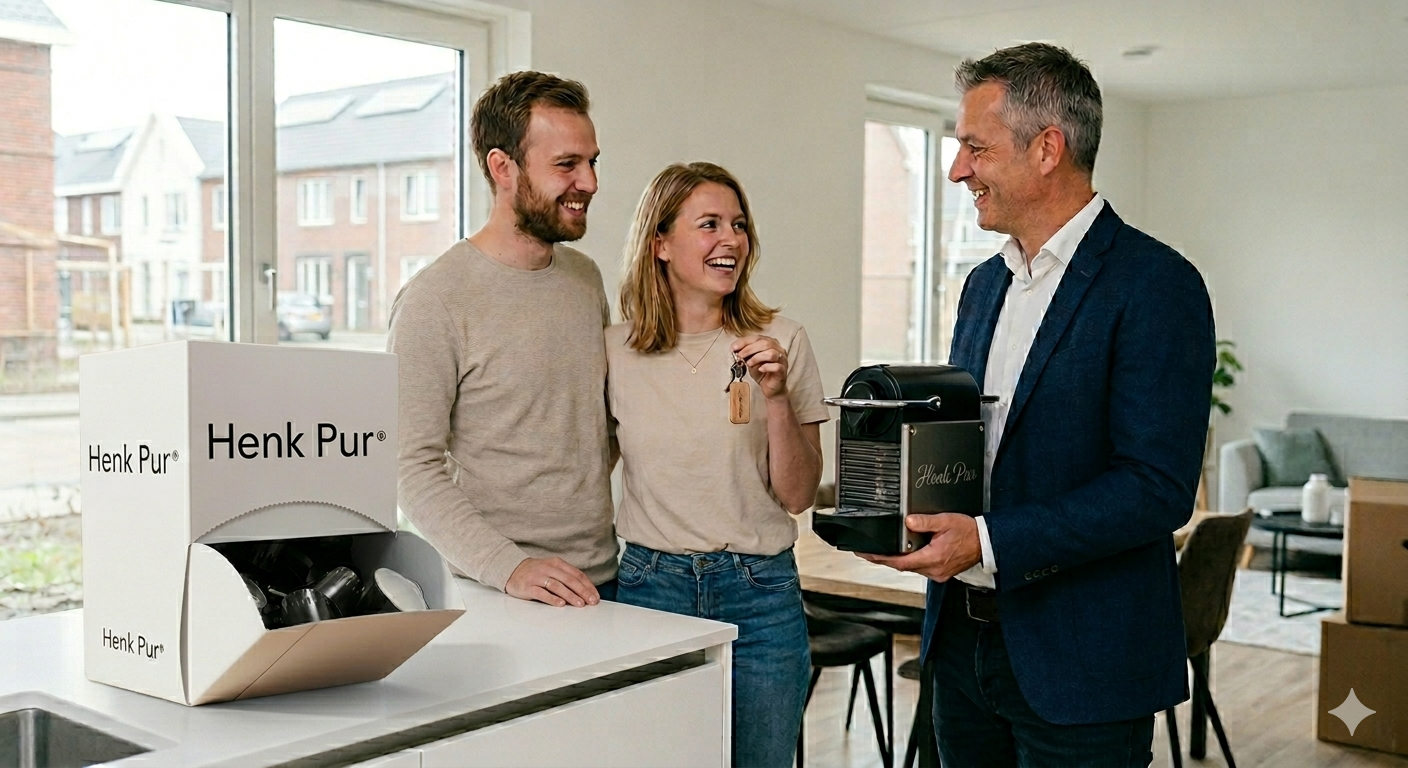 Overdracht sleutel van makelaar met de Henk Pur deal voor de makelaardij. mooi marketing kanaal voor de makelaardij sector 