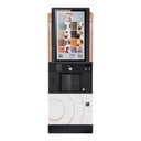 Een Rhea Vendors RhFS2.touch32EE8R4 vrijstaande koffieautomaat met een groot opvallend 32-inch touchscreen voor een uitgebreide keuze en interactieve bediening, opgesteld in de ontmoetingsruimte voor het bereiden van diverse koffiespecialiteiten met vers gebrande bonen. vooraanzicht in kleur