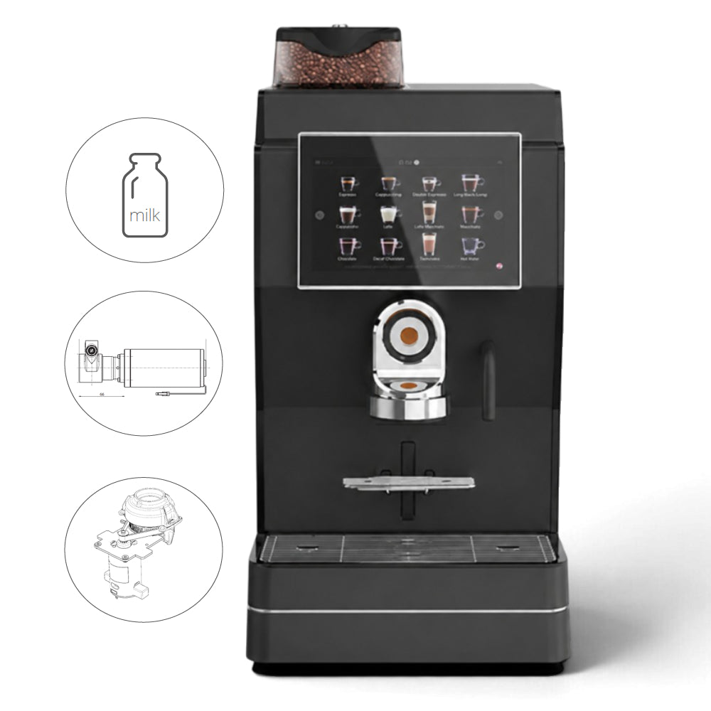 Koffiemachine met digitaal druk tableau voor kantooromgevingen en horecalocaties. Henk Pur® Deze machine heeft een premium uitstraling.