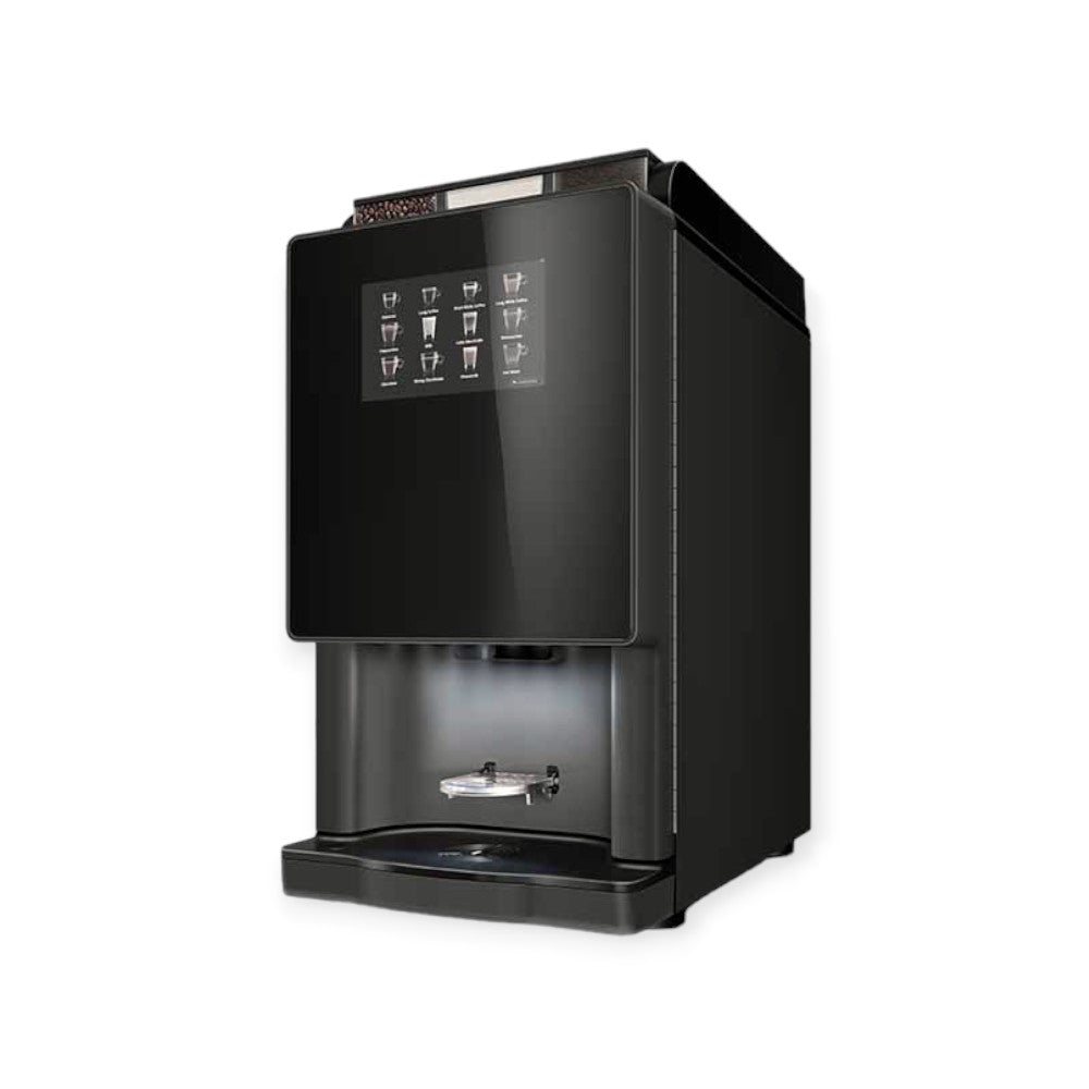 Een Rhea Vendors Romauno.touchE3R1 tafelmodel koffieautomaat met een touchscreen en compacte behuizing, opgesteld in de ontmoetingsruimte voor het snel bereiden van vers gebrande koffie. schuin vooraanzicht
