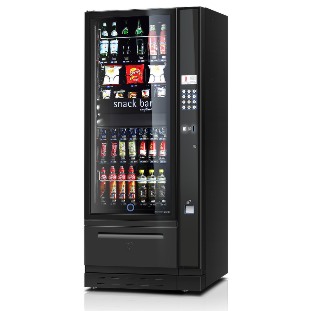 Een Luce Zero Air Food snack- en foodautomaat met liftmechanisme, opgesteld naast de koffiebar met vers gebrande koffie, voor een compleet aanbod aan etenswaren en dranken in de ontmoetingsruimte