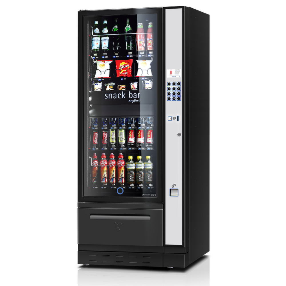Een Luce Zero Air Food snack- en foodautomaat met liftmechanisme, opgesteld naast de koffiebar met vers gebrande koffie, voor een compleet aanbod aan etenswaren en dranken in de ontmoetingsruimte