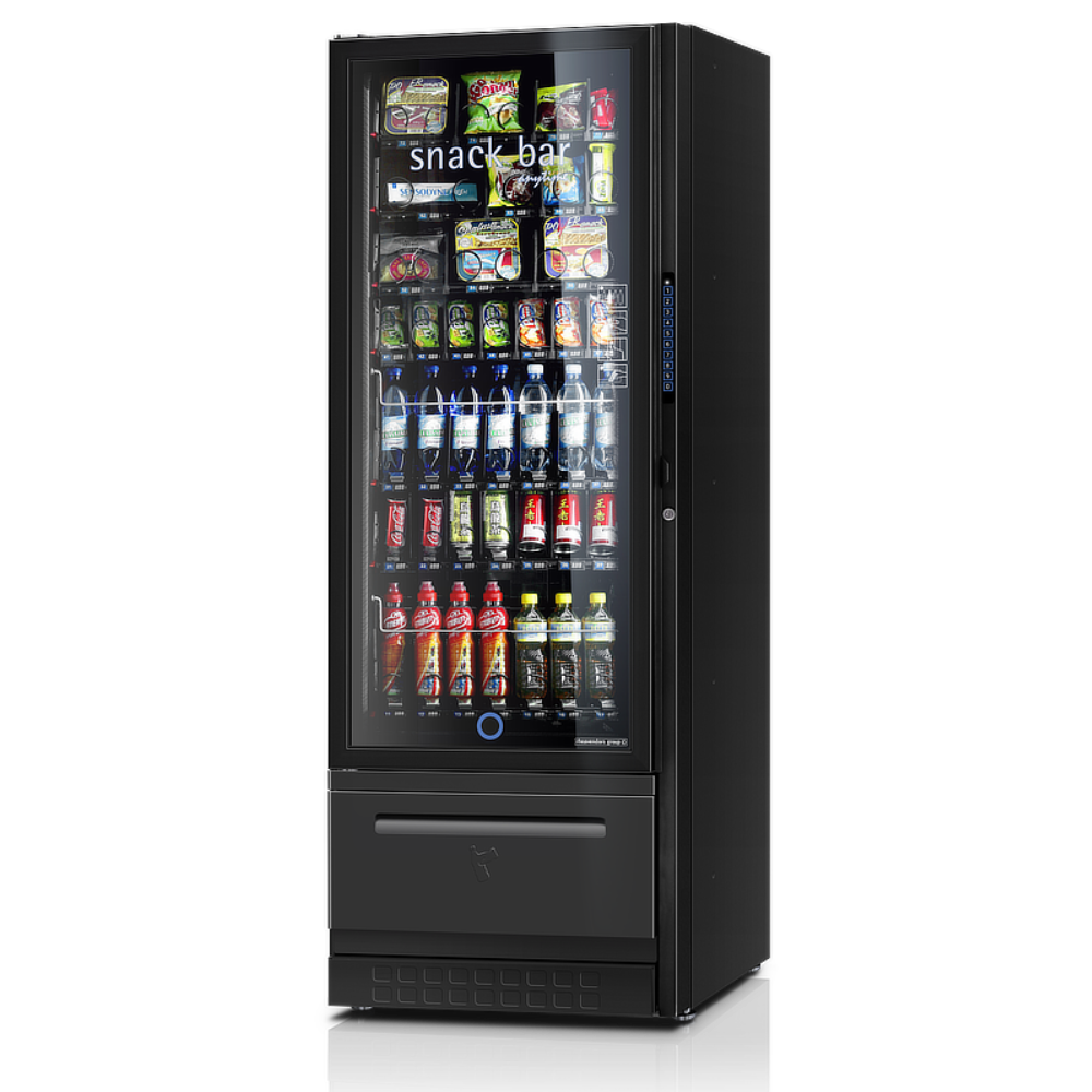 Rheavendors Luce Zero Side Food & Snack 7/6/36C gekoelde snackautomaat met glazen deur en moderne led-verlichting voor kantoor en kantine.