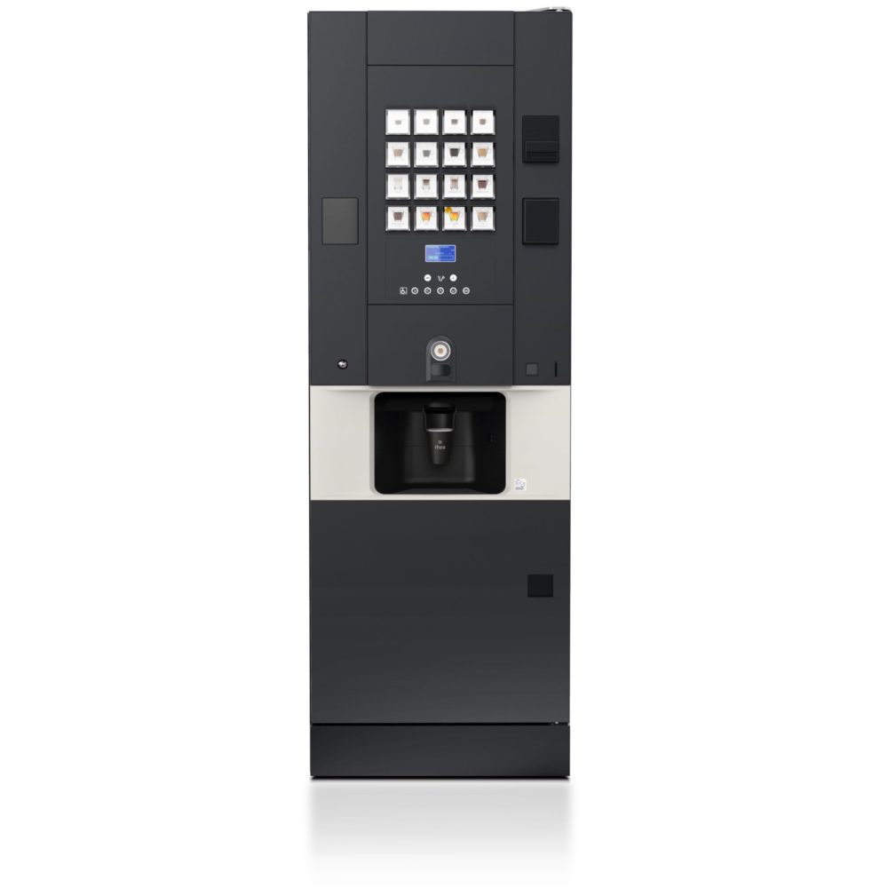 Een Rhea Vendors rhFS1.buttonsI8R4_5_ vrijstaande koffieautomaat met fysieke drukknoppen voor een overzichtelijke en eenvoudige bediening, opgesteld in de ontmoetingsruimte voor het zetten van vers gezette koffiespecialiteiten.